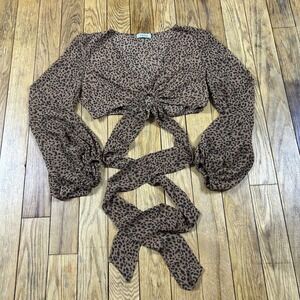 LILYFUL Leopard Print Crop Top Long Sleeve Tie Front Boho Festival Size L